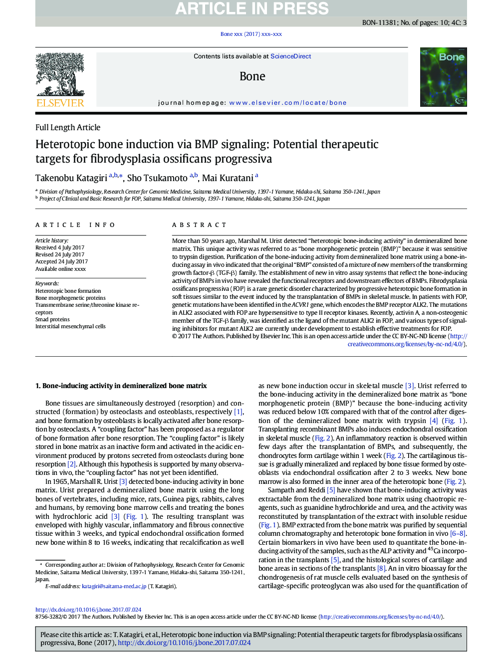 Heterotopic bone induction via BMP signaling: Potential therapeutic targets for fibrodysplasia ossificans progressiva