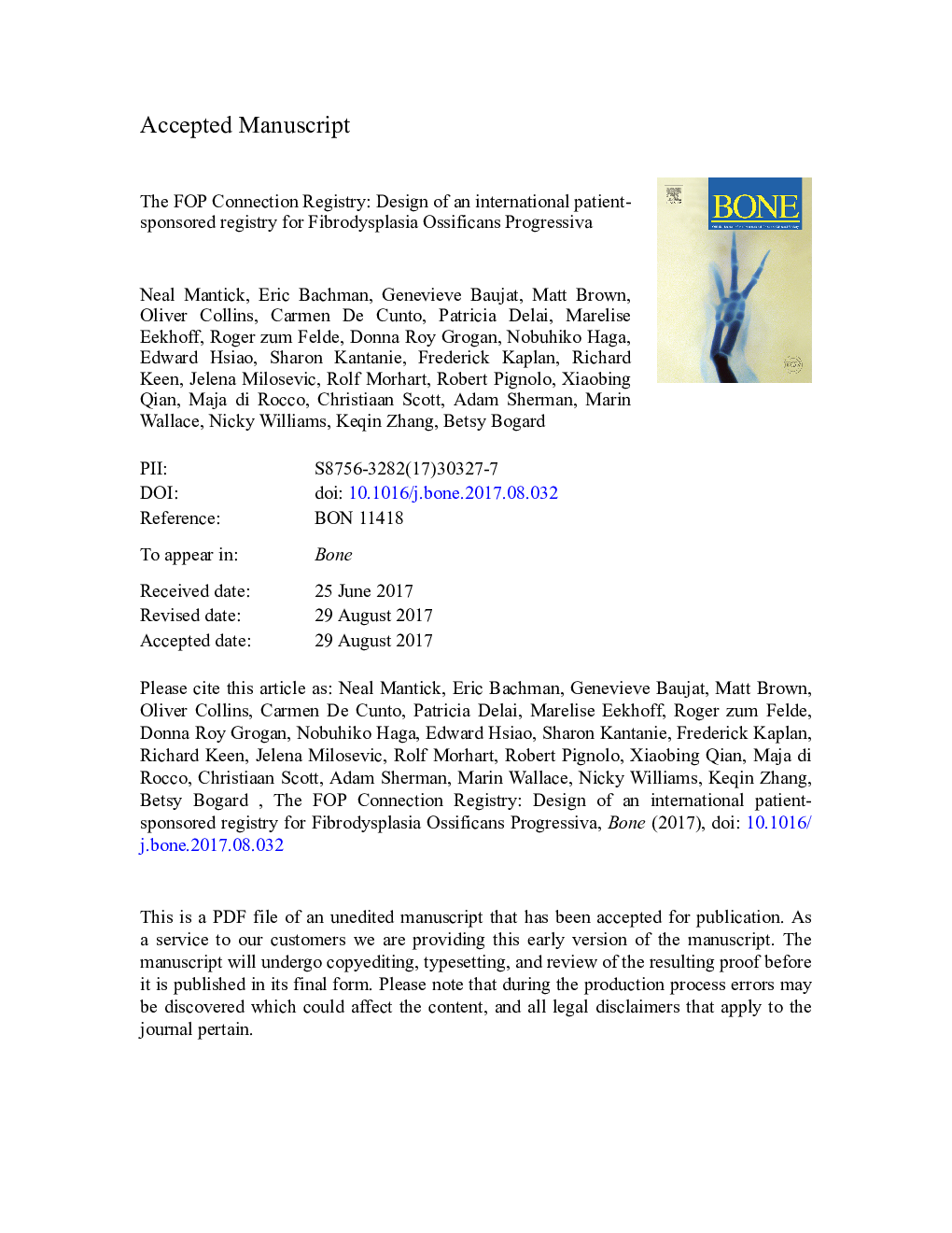 The FOP Connection Registry: Design of an international patient-sponsored registry for Fibrodysplasia Ossificans Progressiva