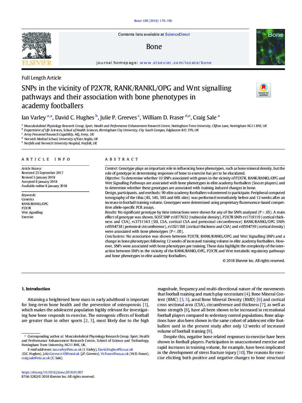 SNPs in the vicinity of P2X7R, RANK/RANKL/OPG and Wnt signalling pathways and their association with bone phenotypes in academy footballers