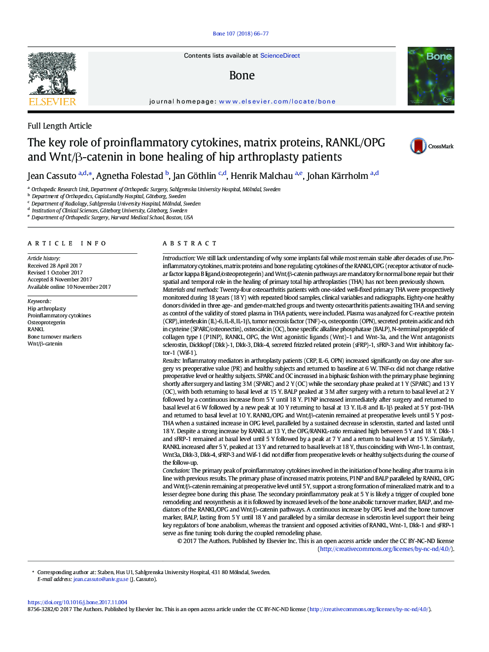 The key role of proinflammatory cytokines, matrix proteins, RANKL/OPG and Wnt/Î²-catenin in bone healing of hip arthroplasty patients