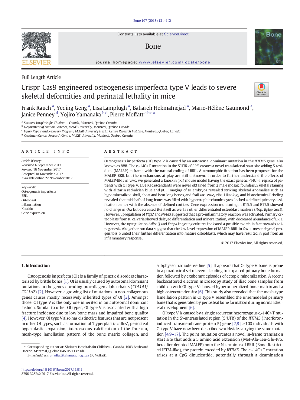 Crispr-Cas9 engineered osteogenesis imperfecta type V leads to severe skeletal deformities and perinatal lethality in mice