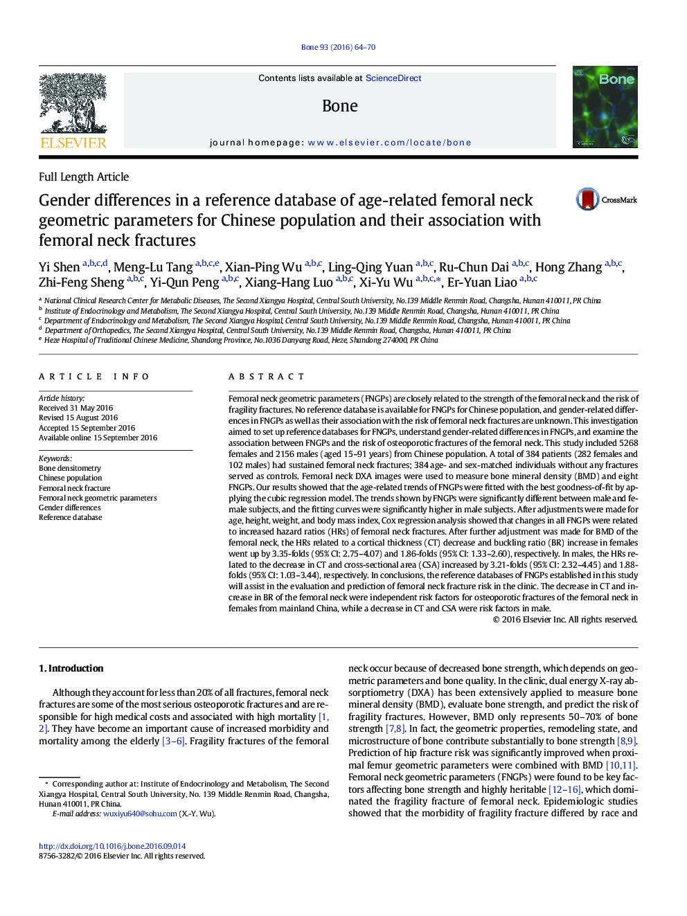 Gender differences in a reference database of age-related femoral neck geometric parameters for Chinese population and their association with femoral neck fractures