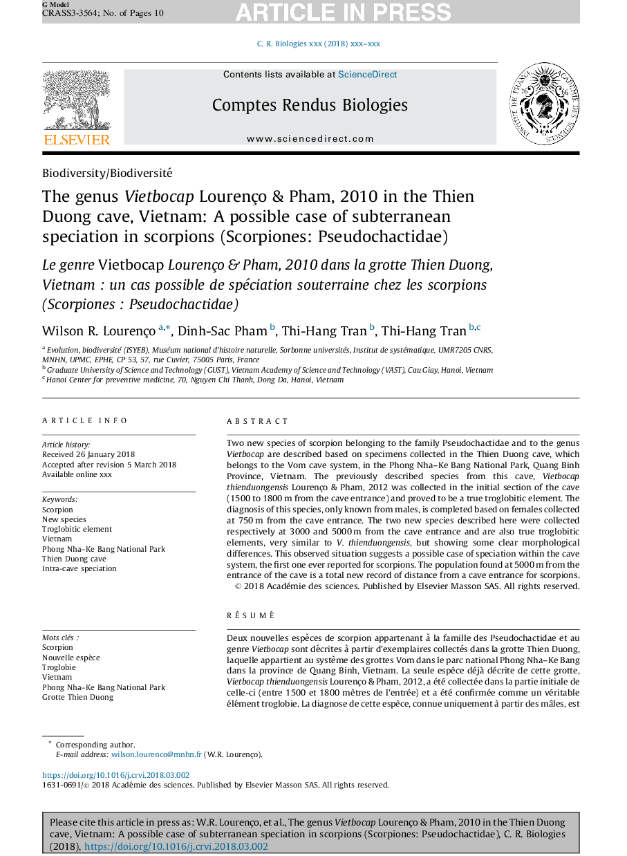 The genus Vietbocap Lourenço & Pham, 2010 in the Thien Duong cave, Vietnam: A possible case of subterranean speciation in scorpions (Scorpiones: Pseudochactidae)