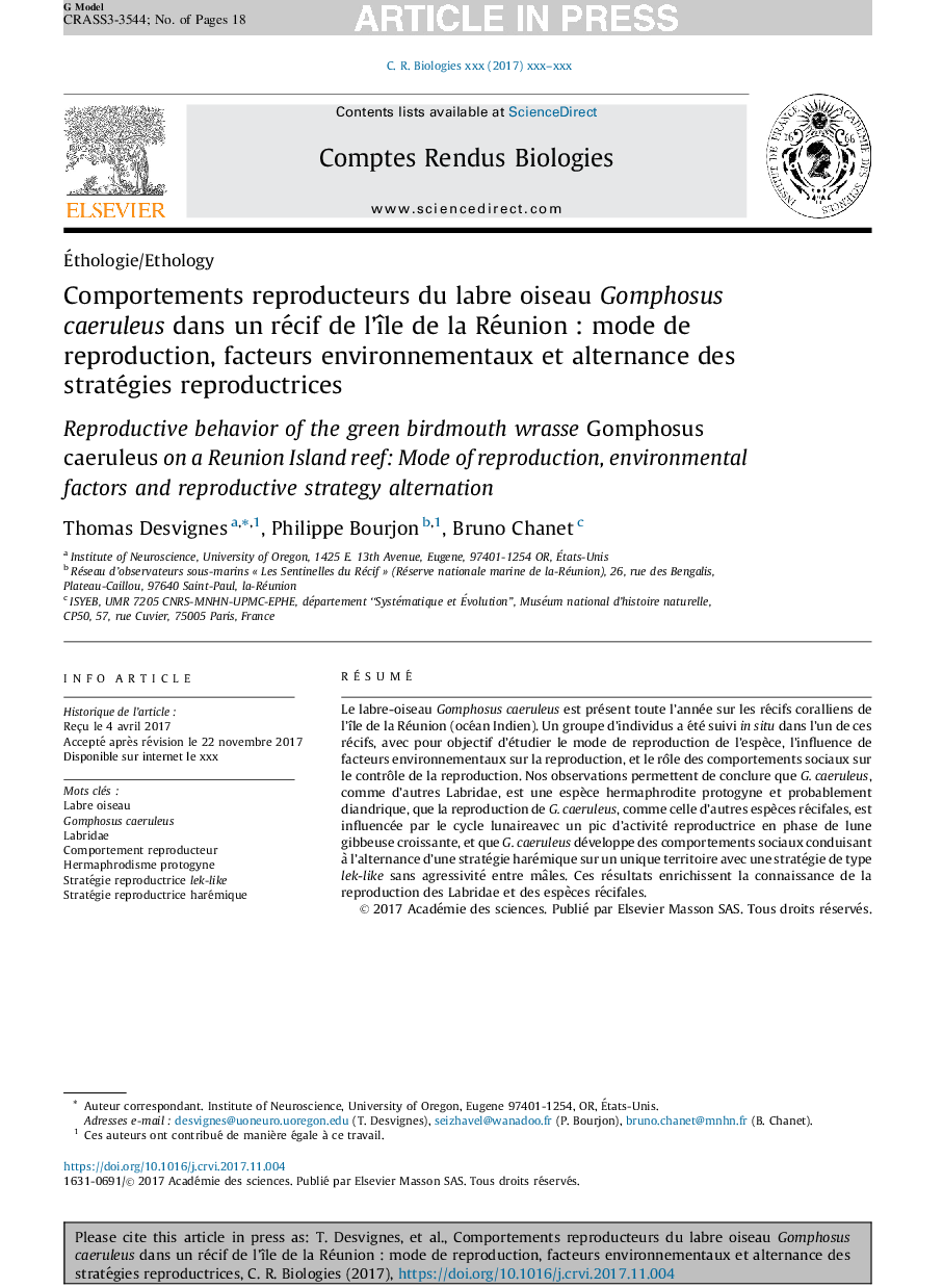 Comportements reproducteurs du labre oiseau Gomphosus caeruleus dans un récif de l'Ã®le de la RéunionÂ : mode de reproduction, facteurs environnementaux et alternance des stratégies reproductrices