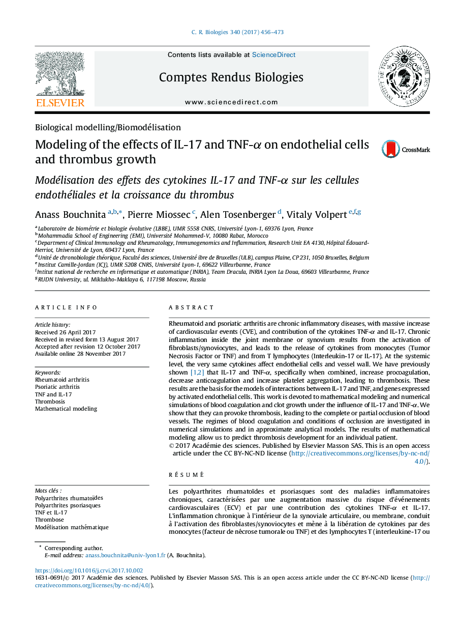 Modeling of the effects of IL-17 and TNF-Î± on endothelial cells and thrombus growth