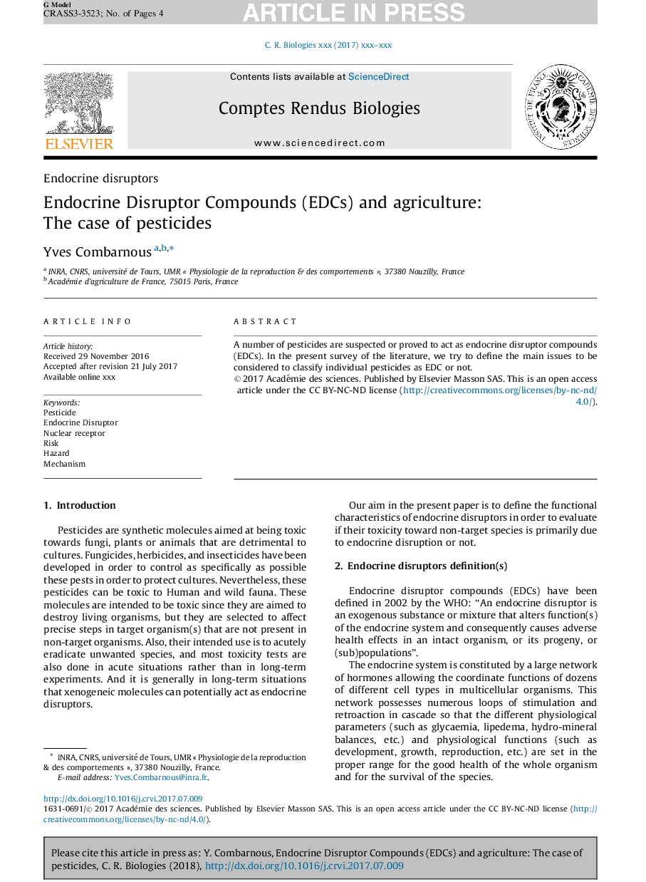 Endocrine Disruptor Compounds (EDCs) and agriculture: The case of pesticides