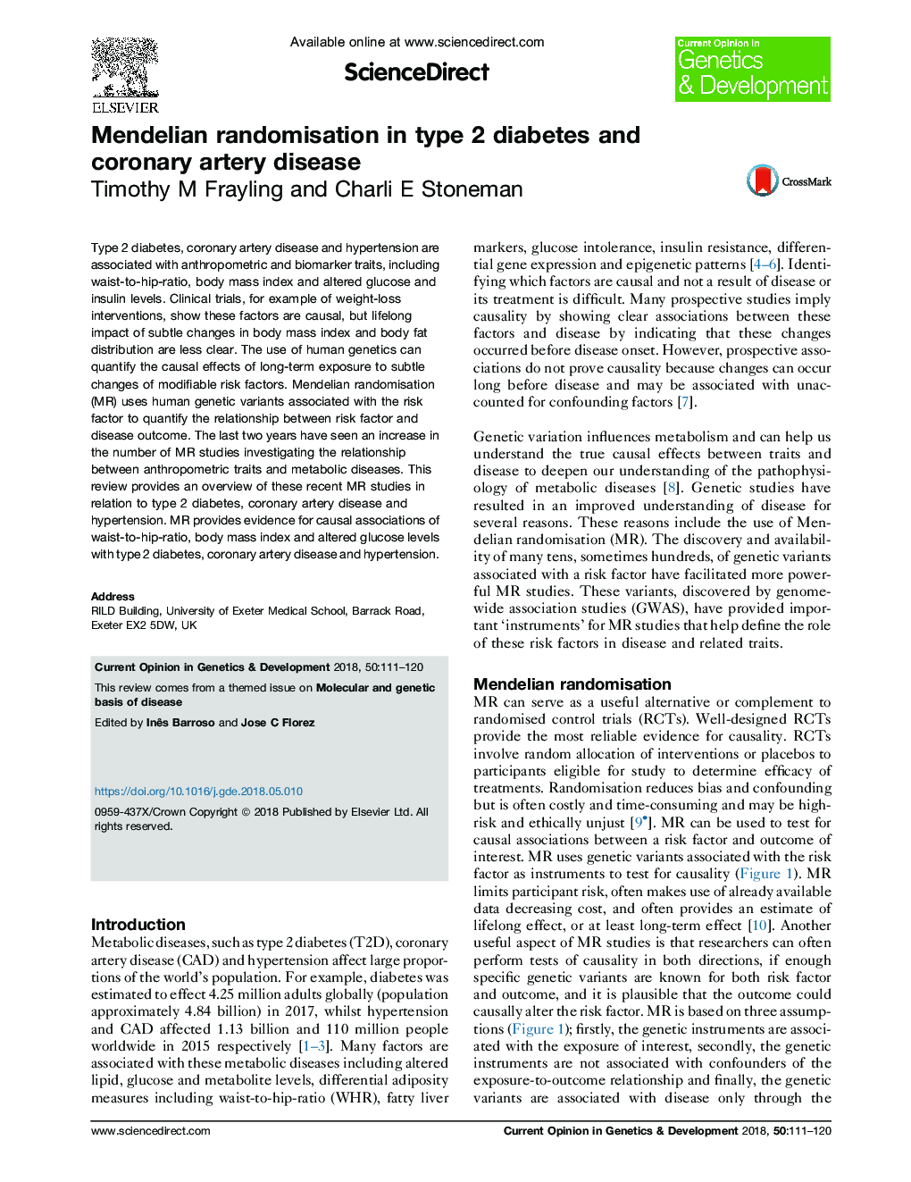 Mendelian randomisation in type 2 diabetes and coronary artery disease