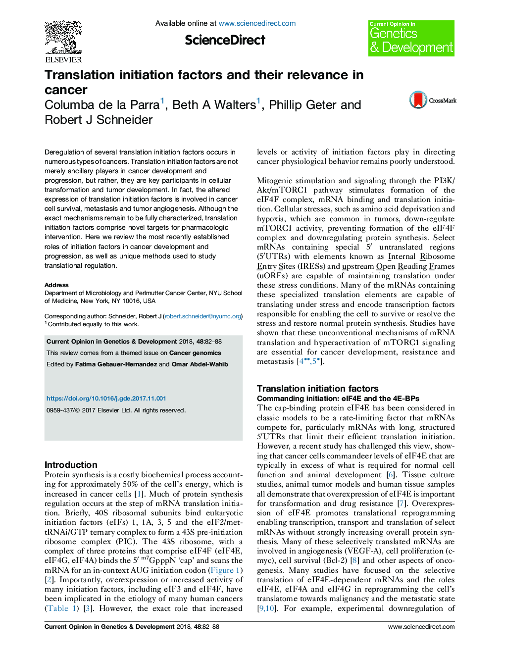 Translation initiation factors and their relevance in cancer