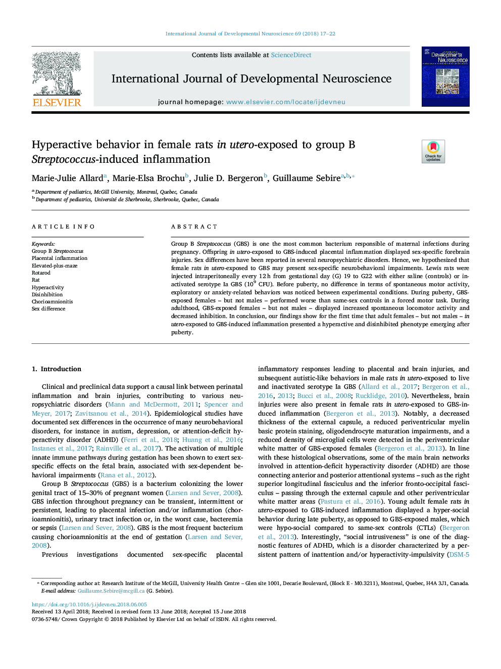 Hyperactive behavior in female rats in utero-exposed to group B Streptococcus-induced inflammation