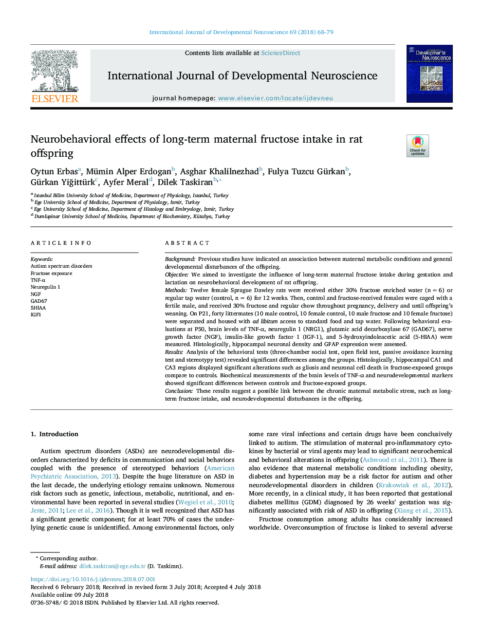 Neurobehavioral effects of long-term maternal fructose intake in rat offspring