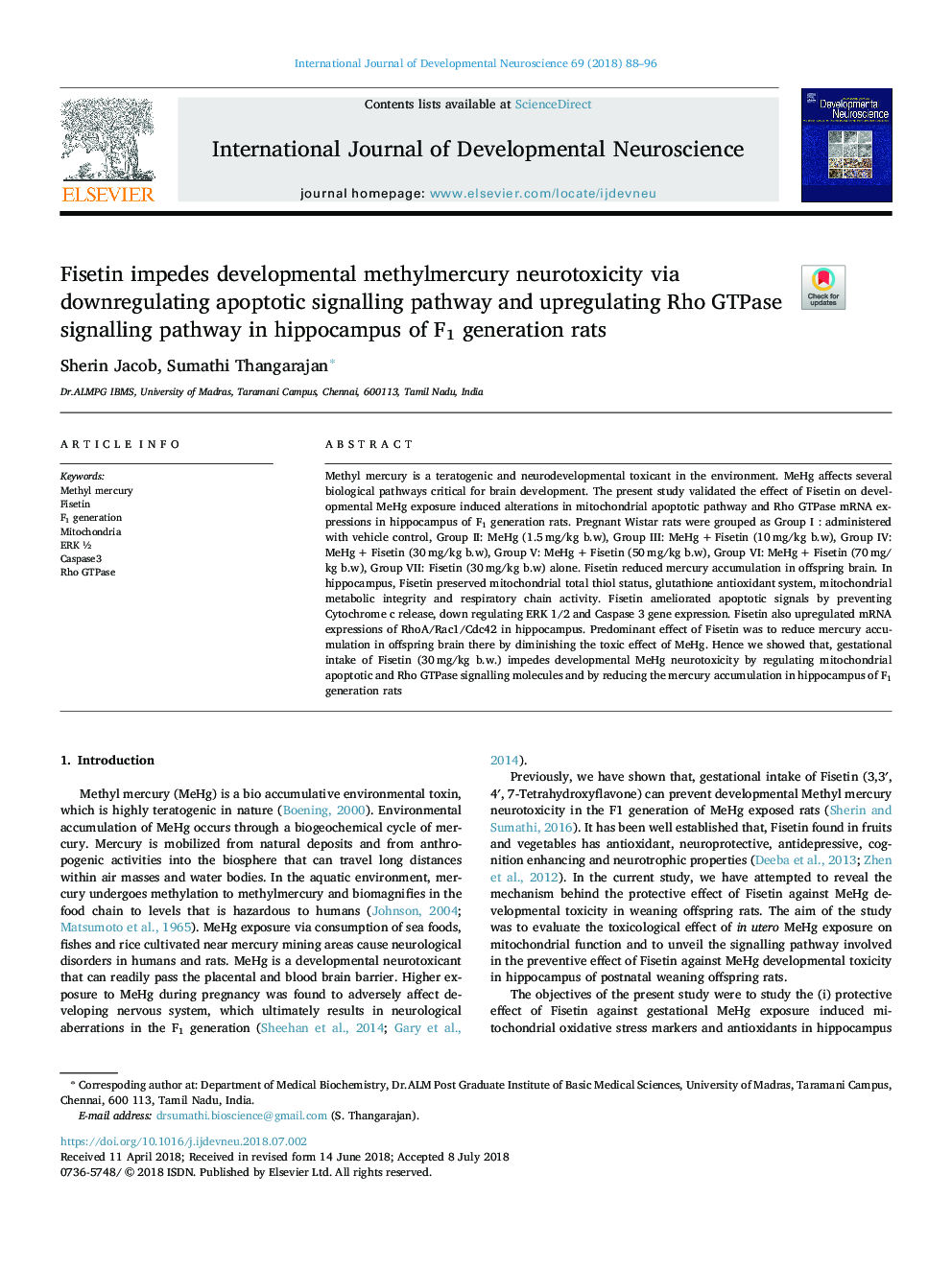 Fisetin impedes developmental methylmercury neurotoxicity via downregulating apoptotic signalling pathway and upregulating Rho GTPase signalling pathway in hippocampus of F1 generation rats