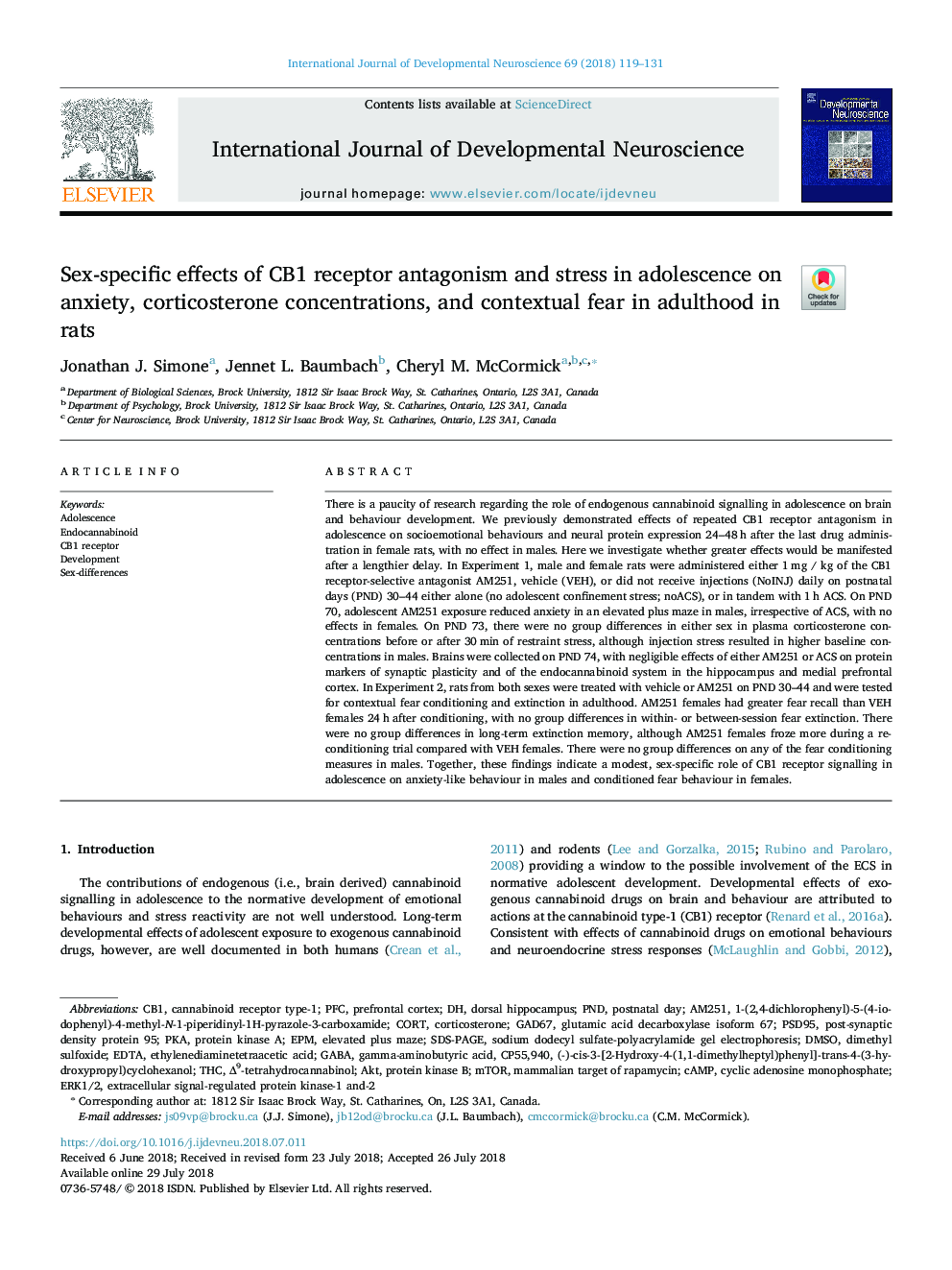 Sex-specific effects of CB1 receptor antagonism and stress in adolescence on anxiety, corticosterone concentrations, and contextual fear in adulthood in rats