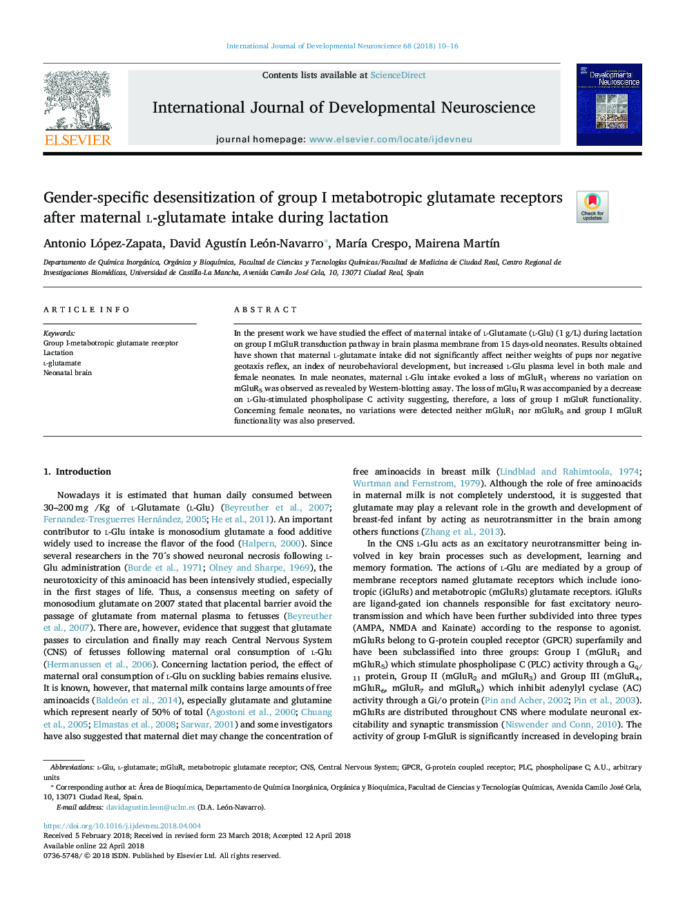 Gender-specific desensitization of group I metabotropic glutamate receptors after maternal l-glutamate intake during lactation