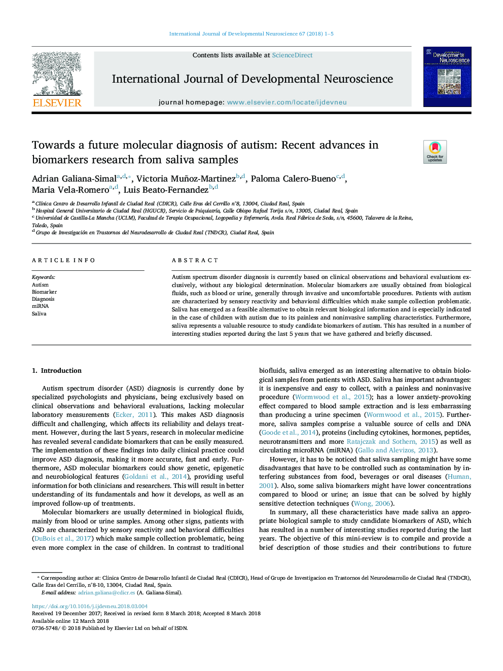 Towards a future molecular diagnosis of autism: Recent advances in biomarkers research from saliva samples