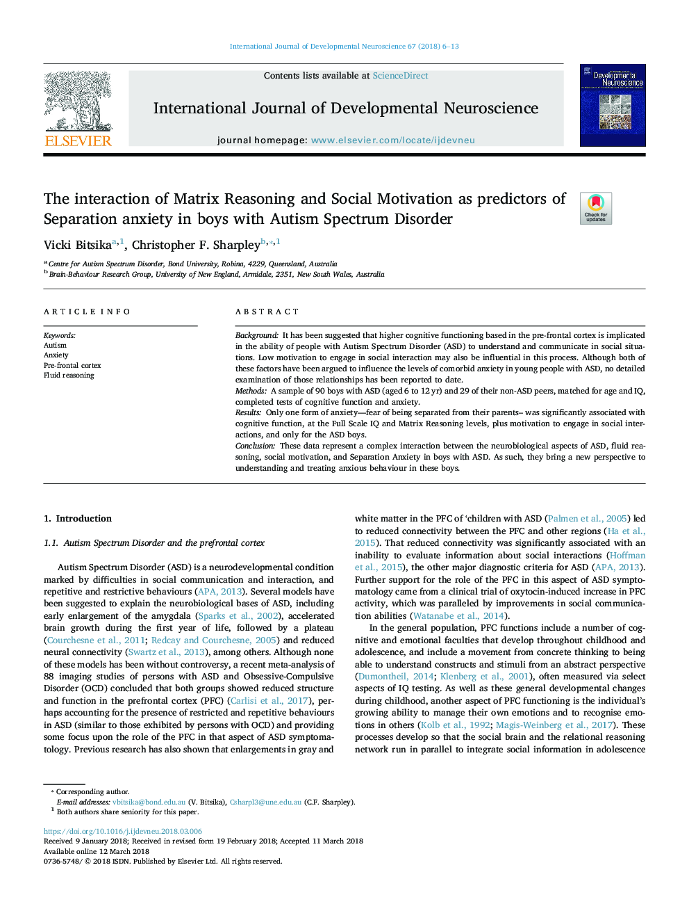 The interaction of Matrix Reasoning and Social Motivation as predictors of Separation anxiety in boys with Autism Spectrum Disorder