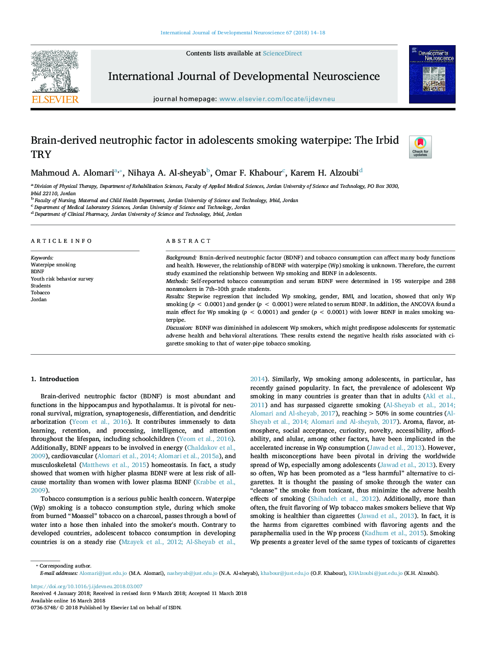 Brain-derived neutrophic factor in adolescents smoking waterpipe: The Irbid TRY