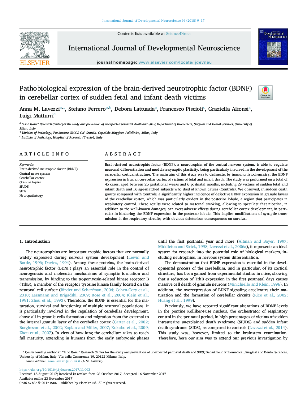 Pathobiological expression of the brain-derived neurotrophic factor (BDNF) in cerebellar cortex of sudden fetal and infant death victims