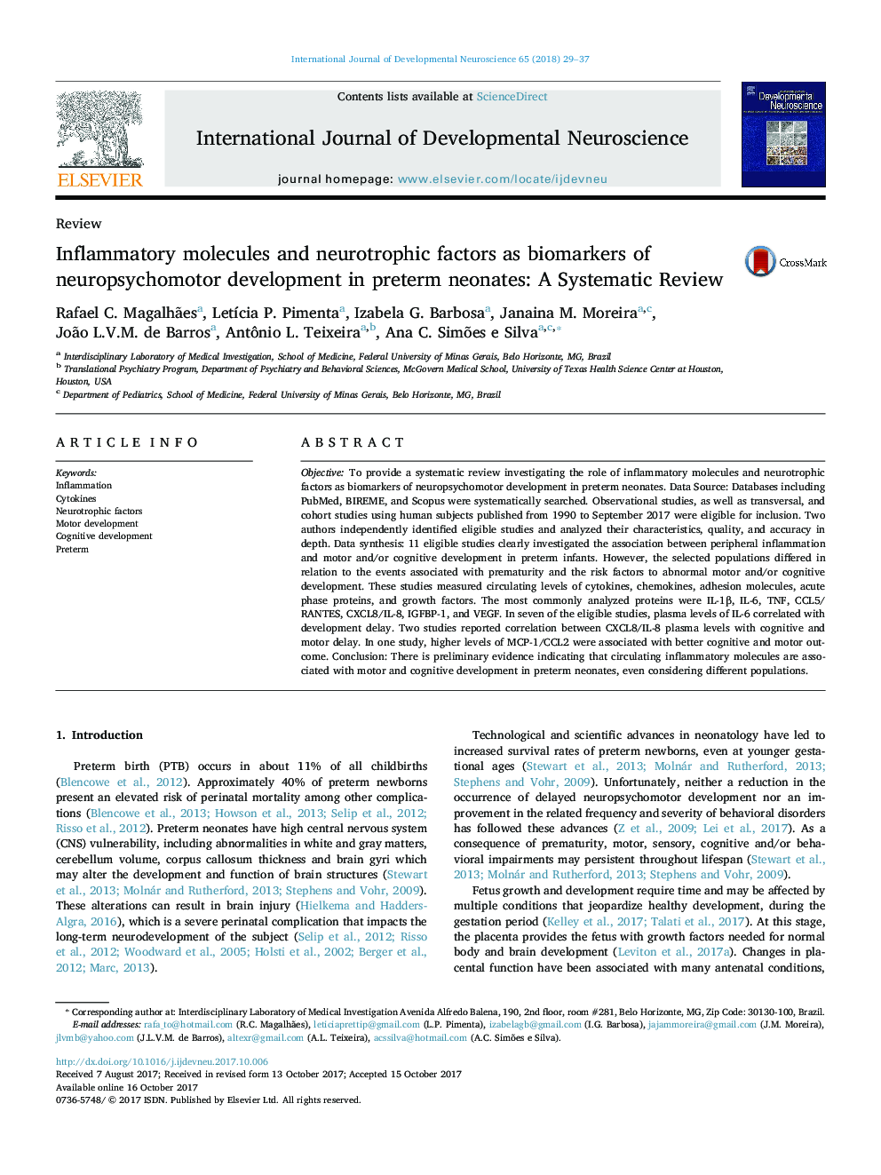 Inflammatory molecules and neurotrophic factors as biomarkers of neuropsychomotor development in preterm neonates: A Systematic Review