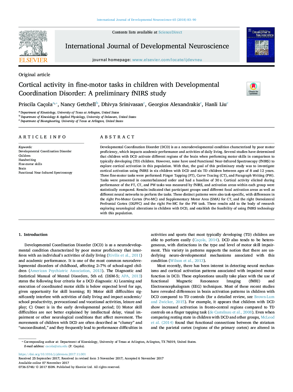 Cortical activity in fine-motor tasks in children with Developmental Coordination Disorder: A preliminary fNIRS study