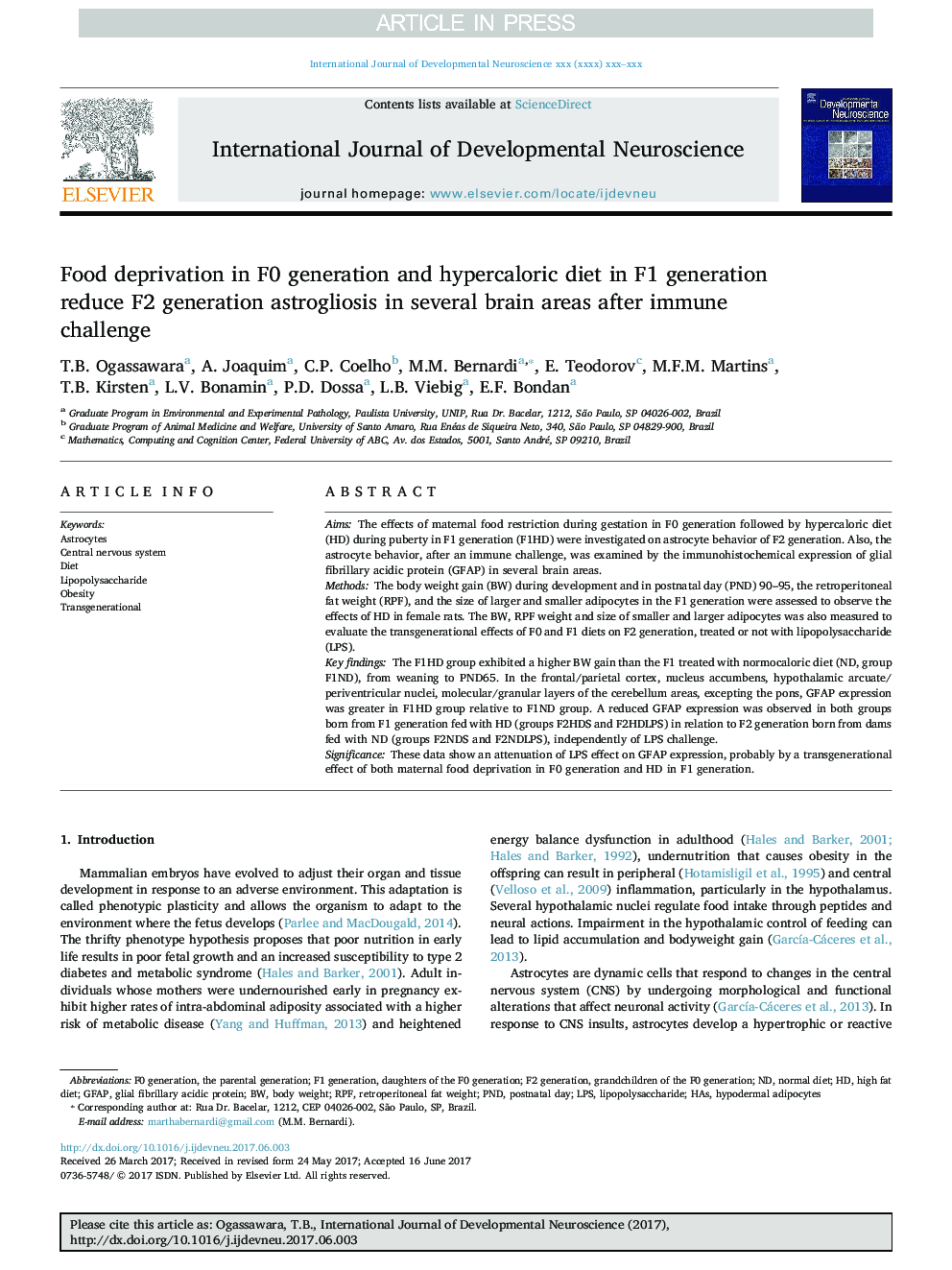 Food deprivation in F0 generation and hypercaloric diet in F1 generation reduce F2 generation astrogliosis in several brain areas after immune challenge