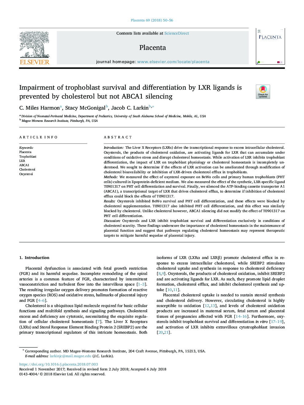 Impairment of trophoblast survival and differentiation by LXR ligands is prevented by cholesterol but not ABCA1 silencing