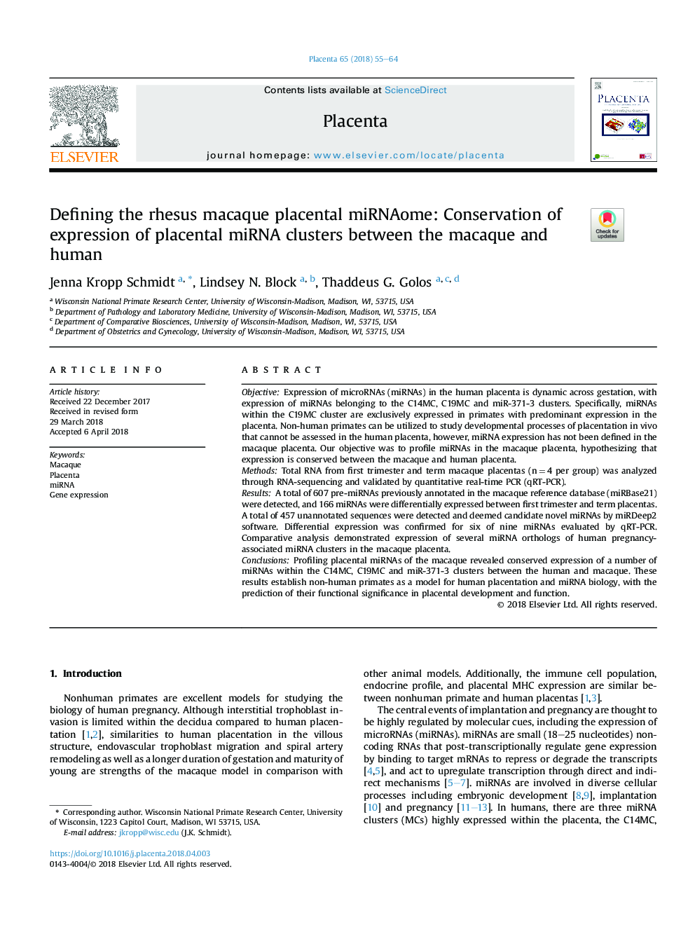 Defining the rhesus macaque placental miRNAome: Conservation of expression of placental miRNA clusters between the macaque and human