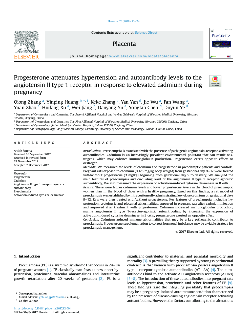 Progesterone attenuates hypertension and autoantibody levels to the angiotensin II type 1 receptor in response to elevated cadmium during pregnancy