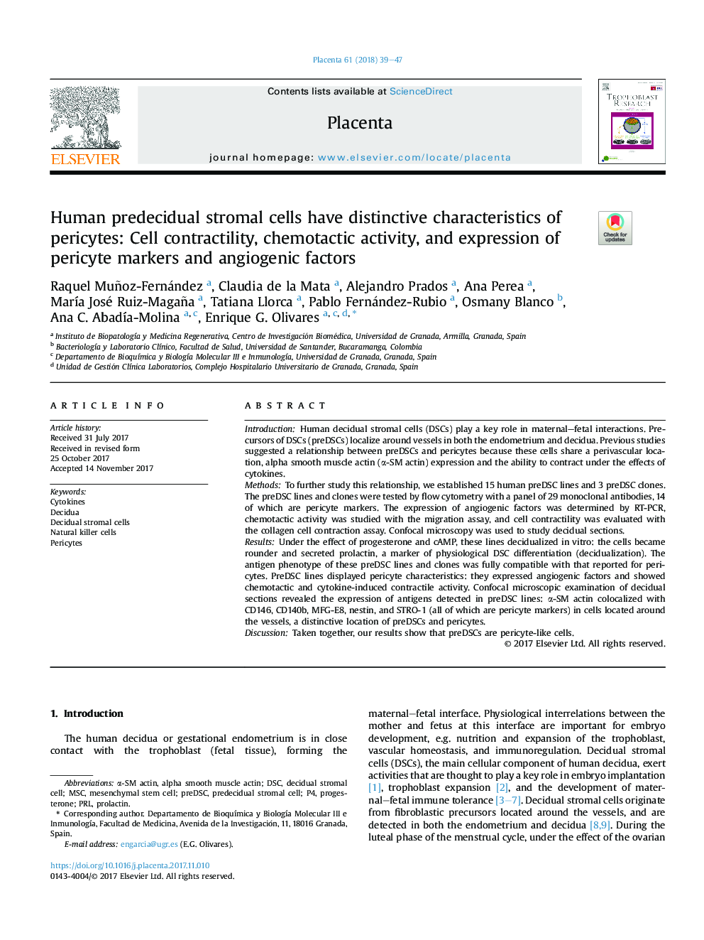 Human predecidual stromal cells have distinctive characteristics of pericytes: Cell contractility, chemotactic activity, and expression of pericyte markers and angiogenic factors