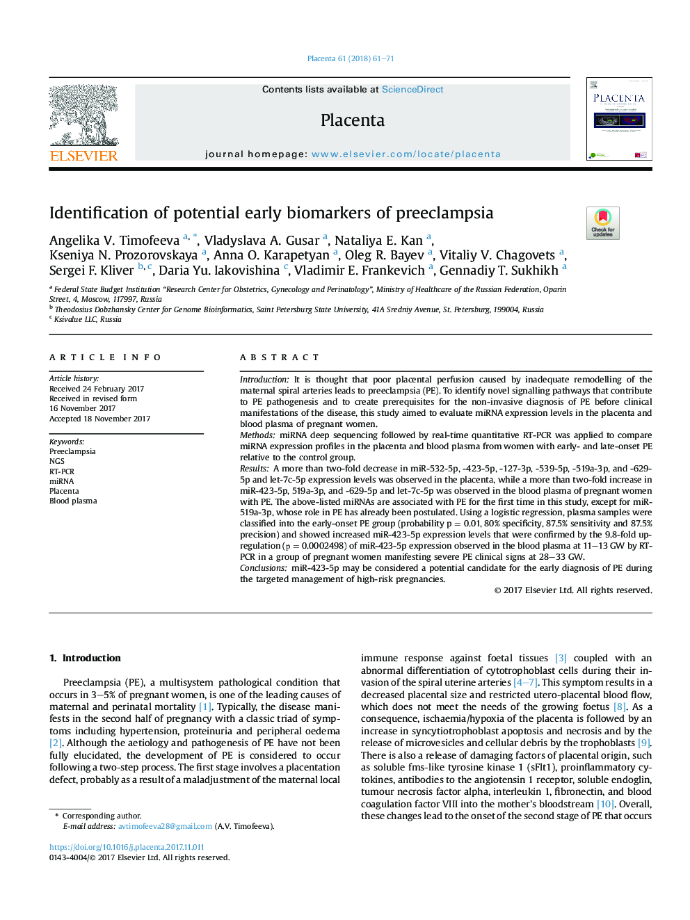 Identification of potential early biomarkers of preeclampsia