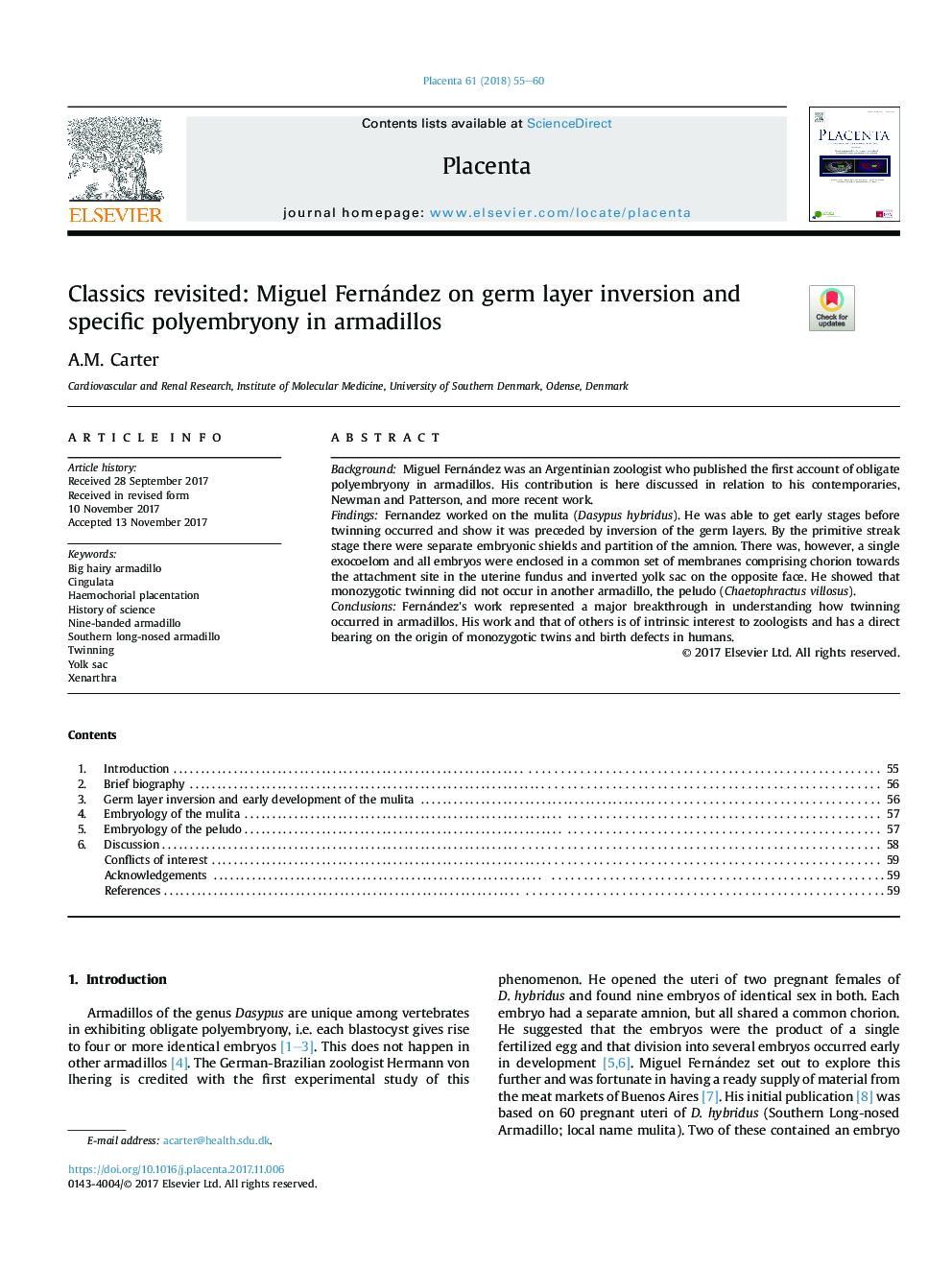 عکس صفحه اول مقاله: Classics revisited: Miguel Fernández on germ layer inversion and specific polyembryony in armadillos Classics revisited: Miguel Fernández on germ layer inversion and specific polyembryony in armadillos