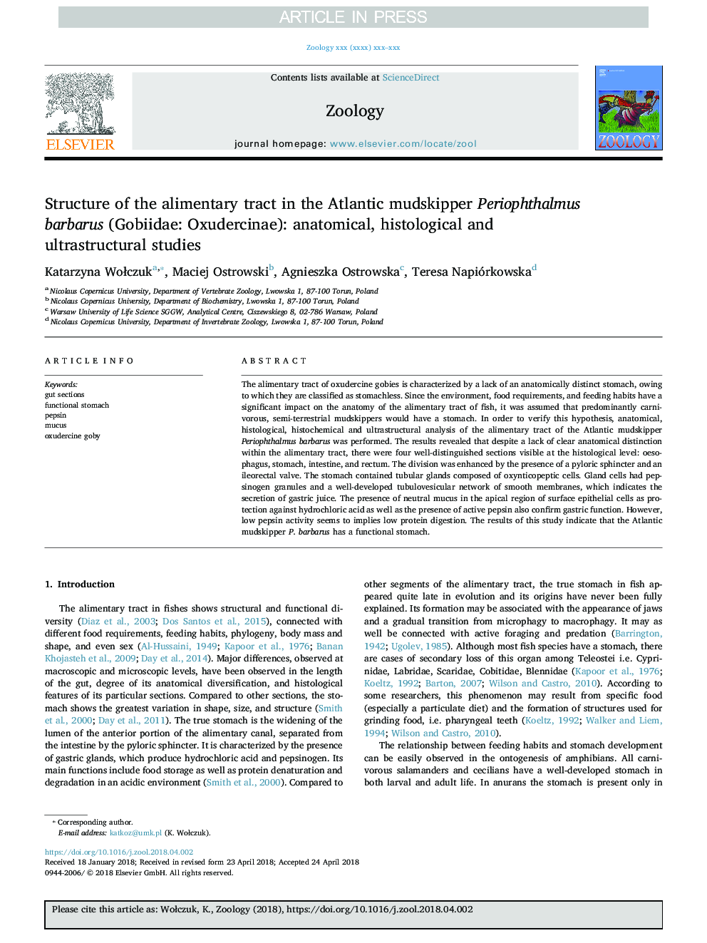 Structure of the alimentary tract in the Atlantic mudskipper Periophthalmus barbarus (Gobiidae: Oxudercinae): anatomical, histological and ultrastructural studies