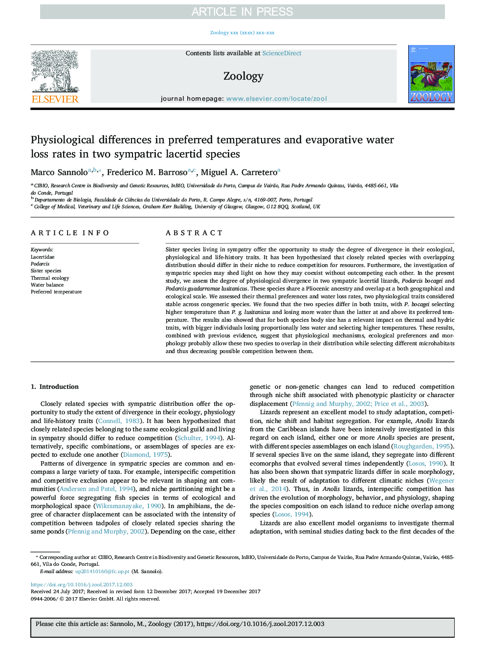 Physiological differences in preferred temperatures and evaporative water loss rates in two sympatric lacertid species