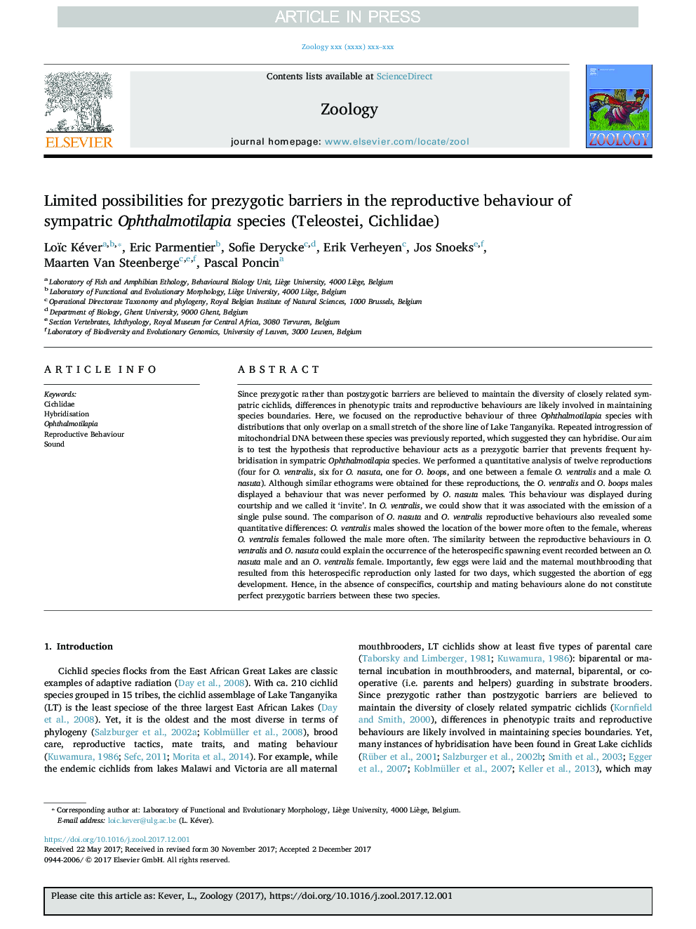 Limited possibilities for prezygotic barriers in the reproductive behaviour of sympatric Ophthalmotilapia species (Teleostei, Cichlidae)