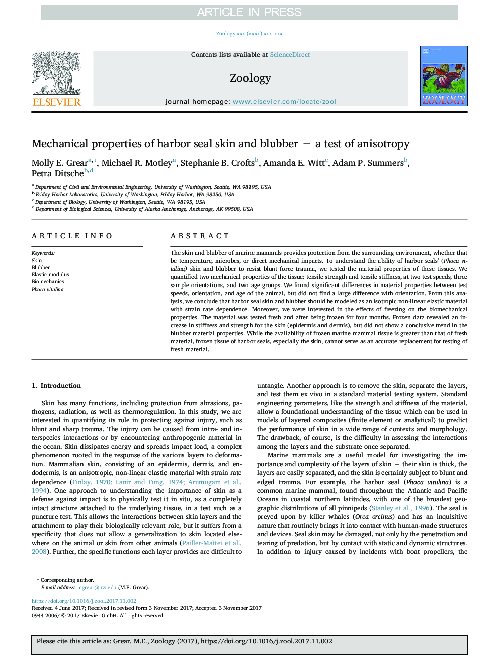 Mechanical properties of harbor seal skin and blubber â a test of anisotropy