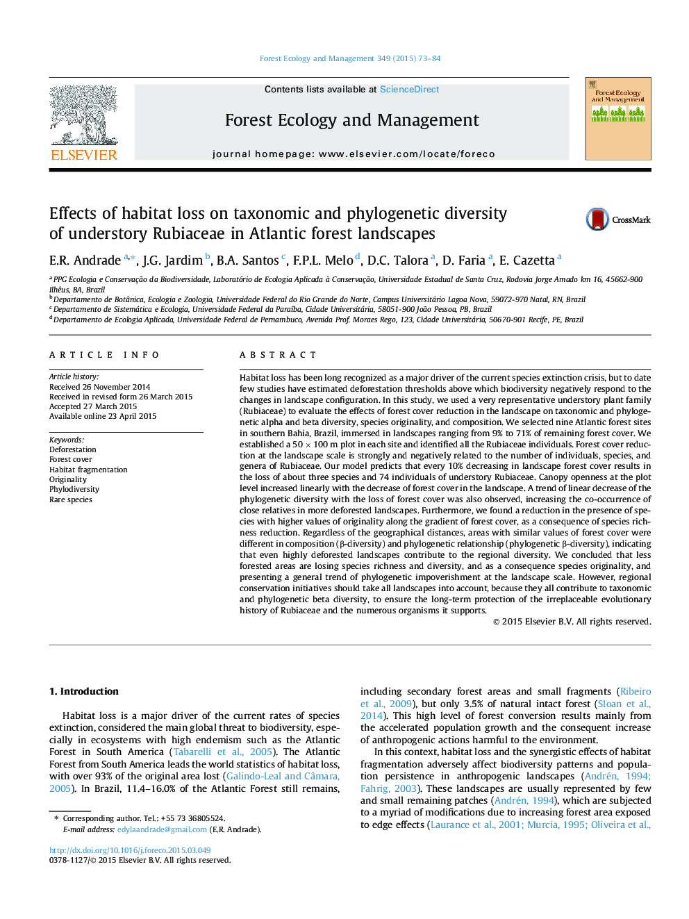 Effects of habitat loss on taxonomic and phylogenetic diversity of understory Rubiaceae in Atlantic forest landscapes