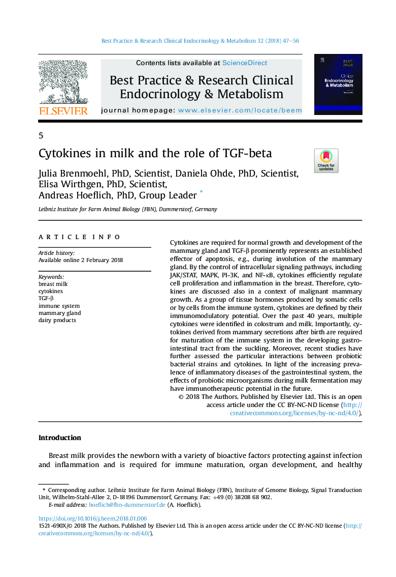 Cytokines in milk and the role of TGF-beta