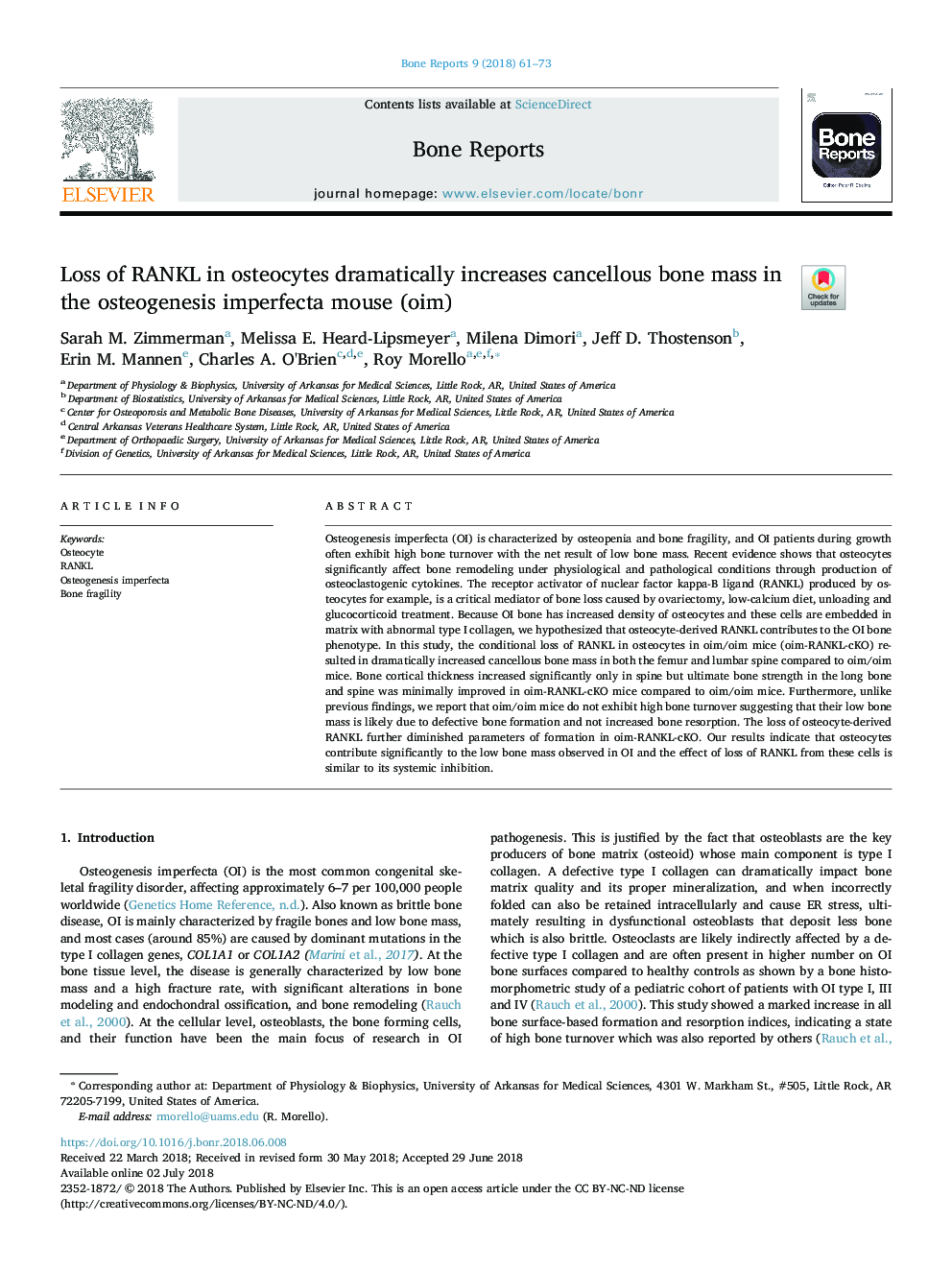 Loss of RANKL in osteocytes dramatically increases cancellous bone mass in the osteogenesis imperfecta mouse (oim)