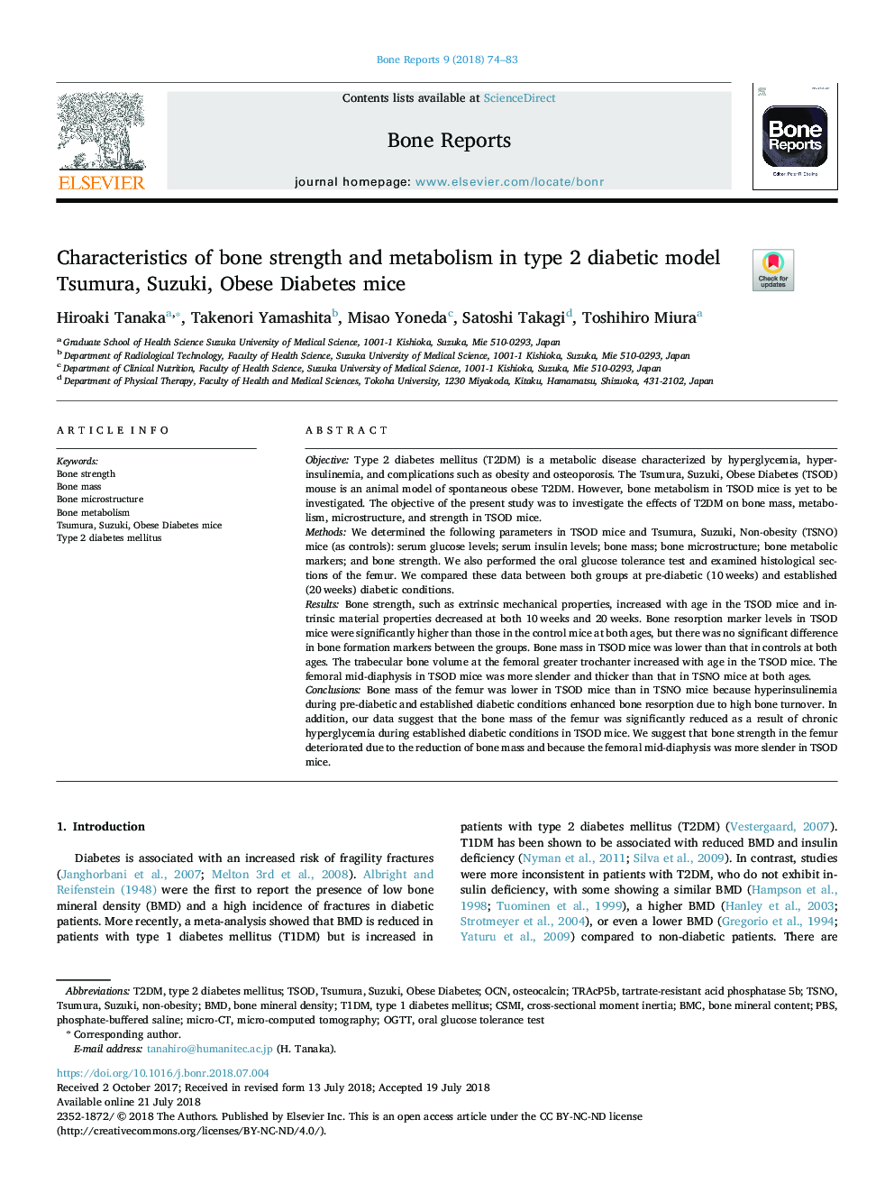 Characteristics of bone strength and metabolism in type 2 diabetic model Tsumura, Suzuki, Obese Diabetes mice