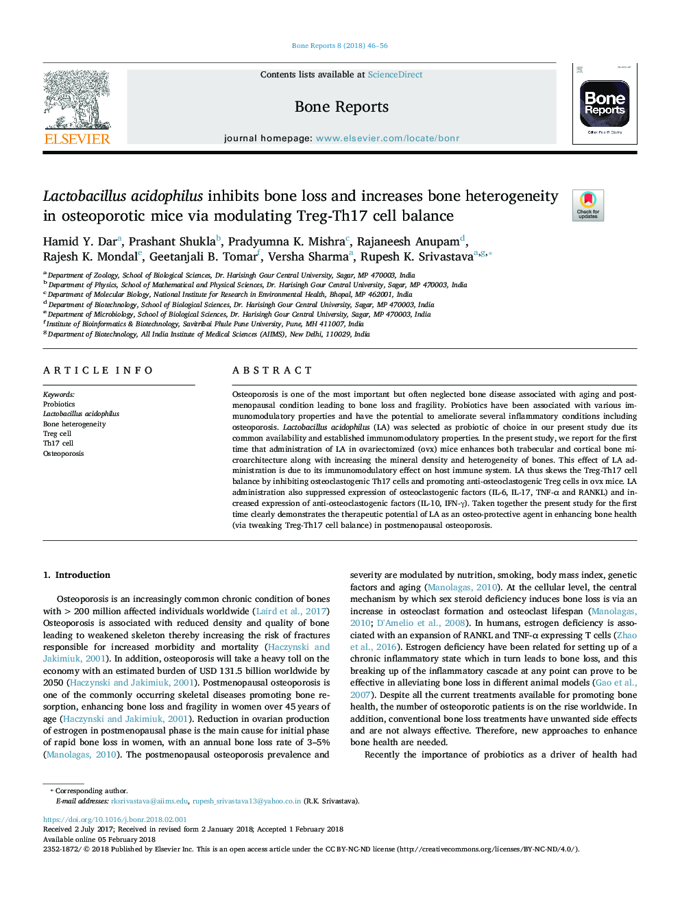 Lactobacillus acidophilus inhibits bone loss and increases bone heterogeneity in osteoporotic mice via modulating Treg-Th17 cell balance