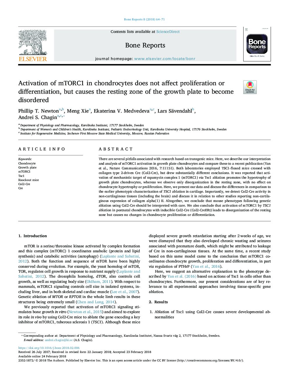 Activation of mTORC1 in chondrocytes does not affect proliferation or differentiation, but causes the resting zone of the growth plate to become disordered