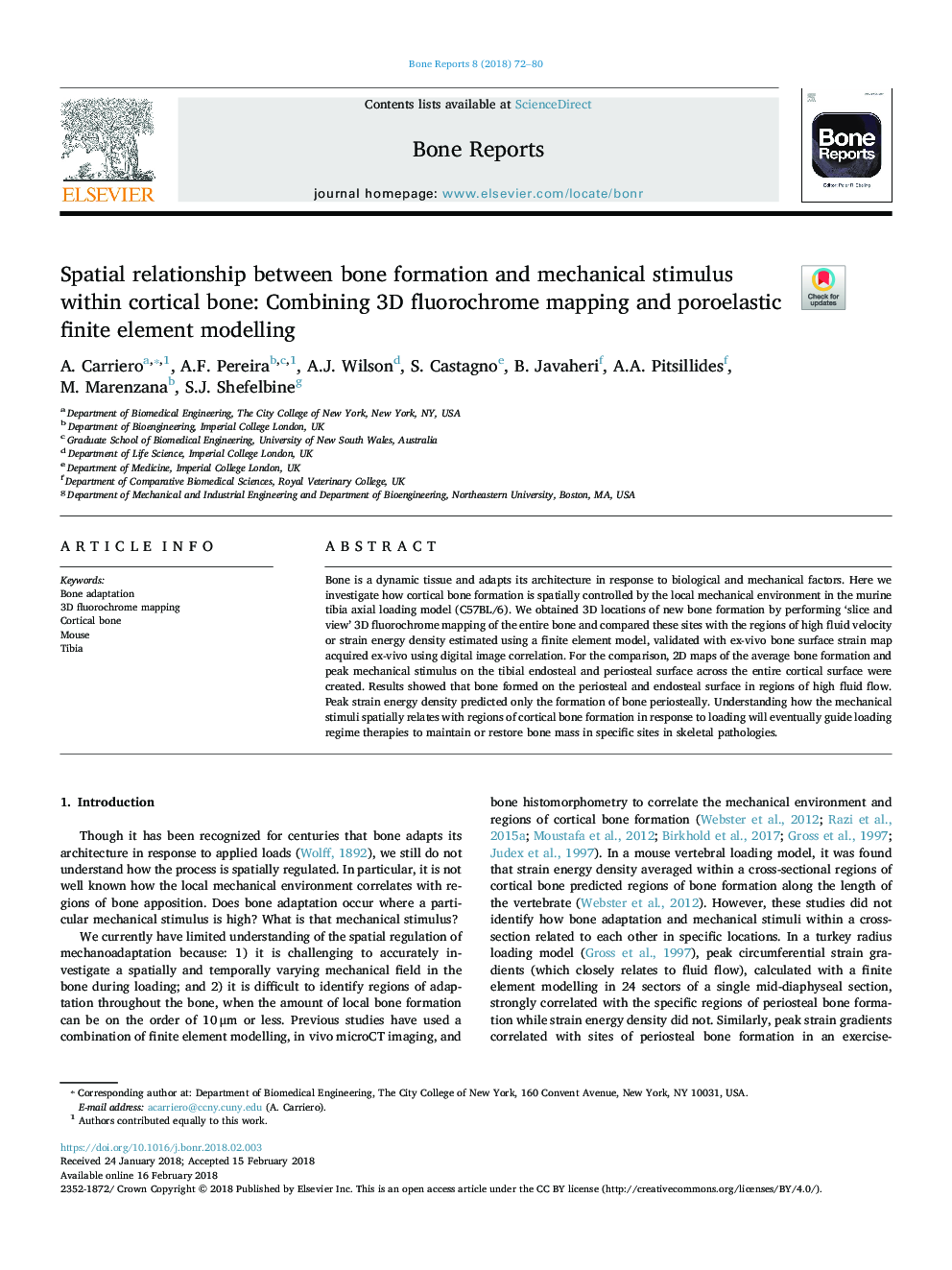 Spatial relationship between bone formation and mechanical stimulus within cortical bone: Combining 3D fluorochrome mapping and poroelastic finite element modelling