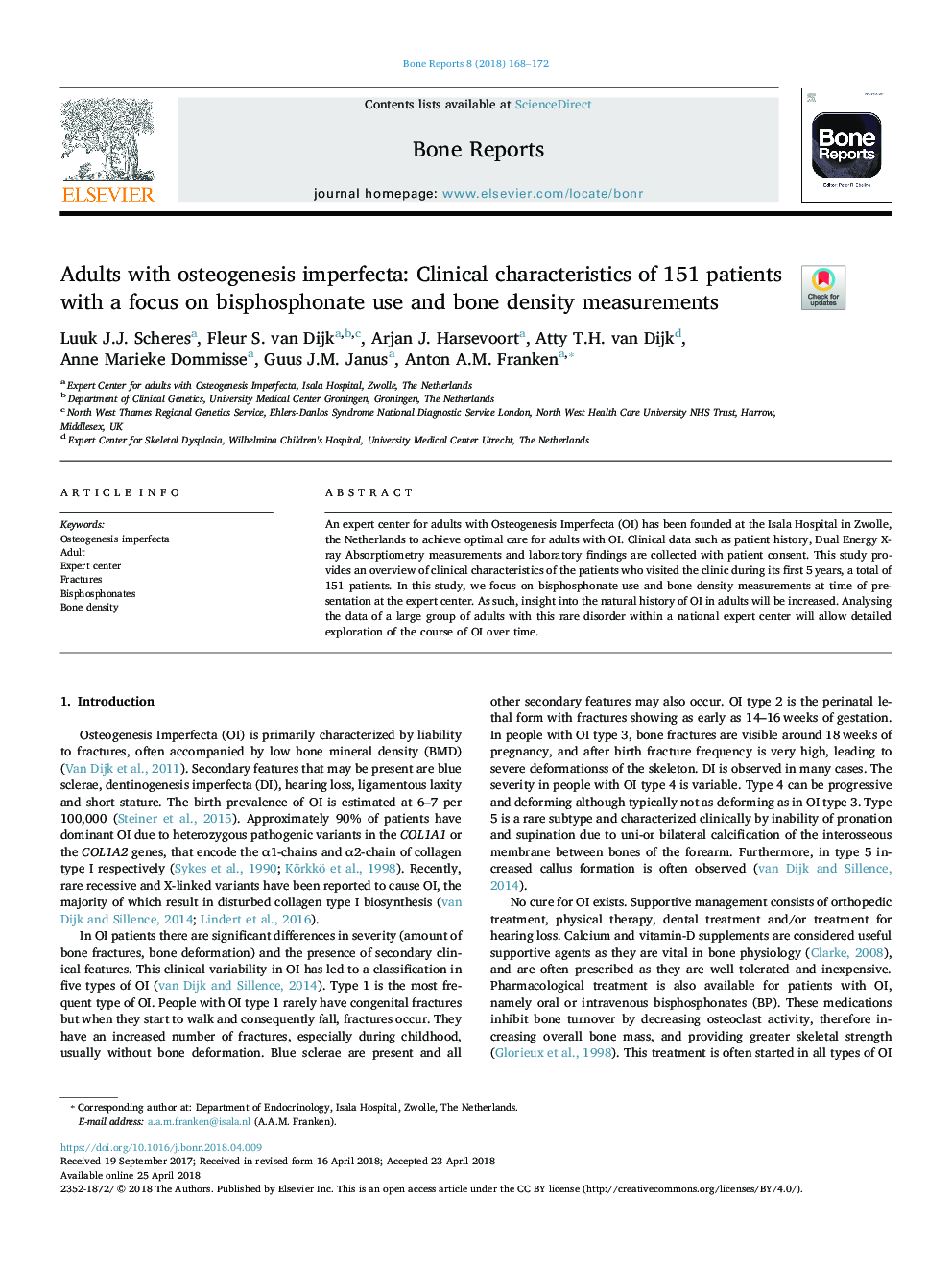 Adults with osteogenesis imperfecta: Clinical characteristics of 151 patients with a focus on bisphosphonate use and bone density measurements