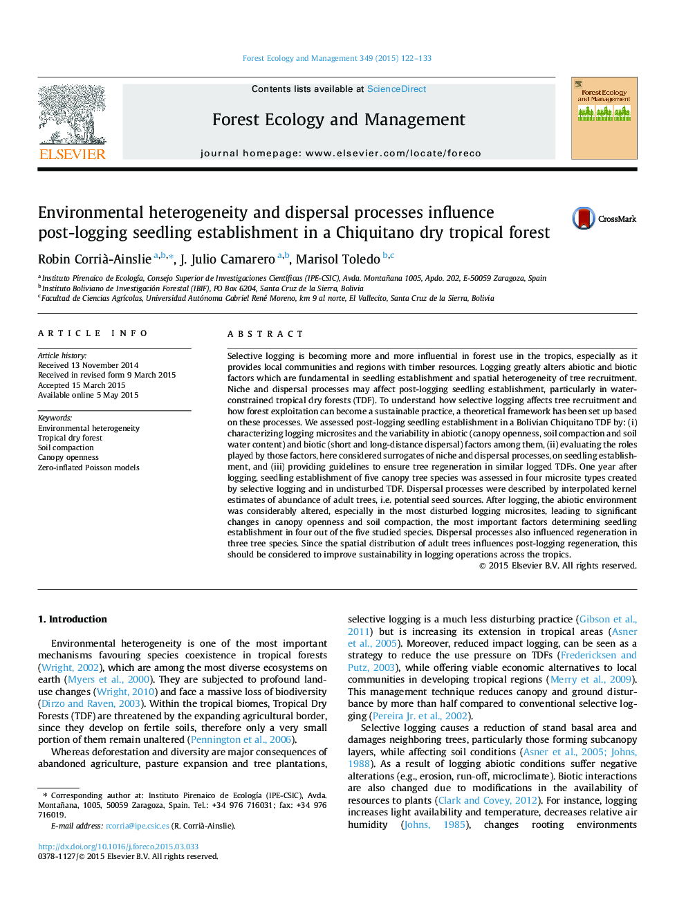 Environmental heterogeneity and dispersal processes influence post-logging seedling establishment in a Chiquitano dry tropical forest