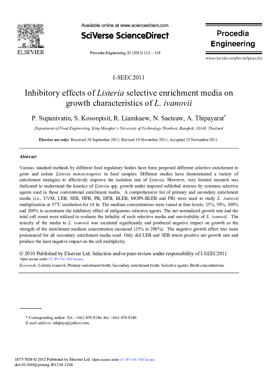 Inhibitory effects of Listeria selective enrichment media on growth characteristics of L. ivanovii