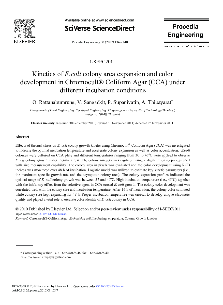 Kinetics of E.coli colony area expansion and color development in Chromocult® Coliform Agar (CCA) under different incubation conditions