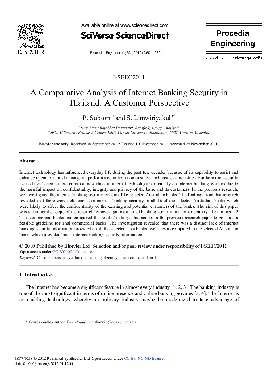 A Comparative Analysis of Internet Banking Security in Thailand: A Customer Perspective