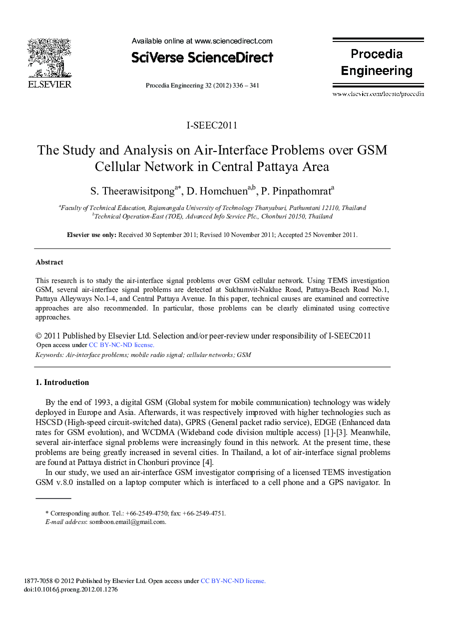 The Study and Analysis on Air-Interface Problems over GSM Cellular Network in Central Pattaya Area