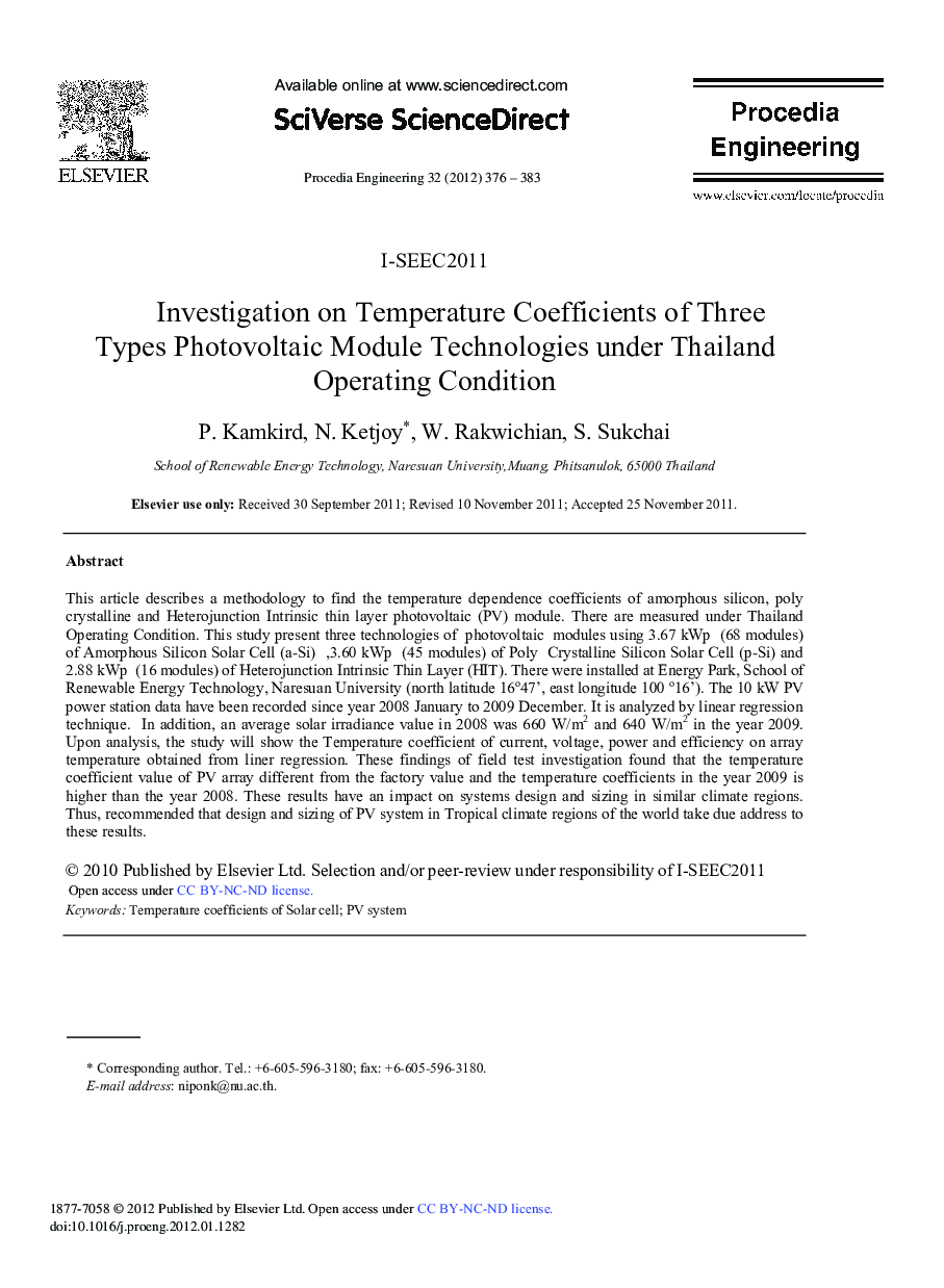 Investigation on Temperature Coefficients of Three Types Photovoltaic Module Technologies under Thailand Operating Condition