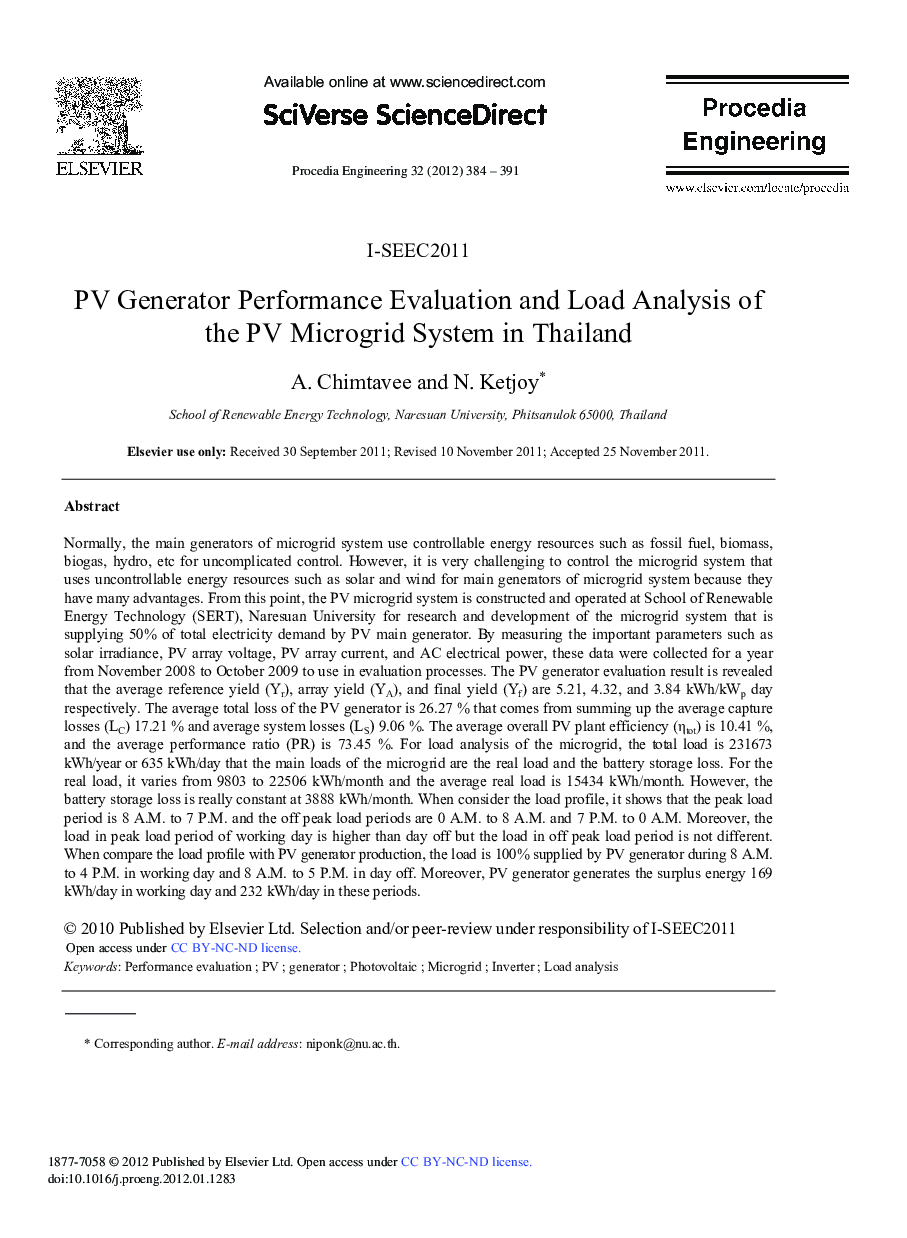 PV Generator Performance Evaluation and Load Analysis of the PV Microgrid System in Thailand