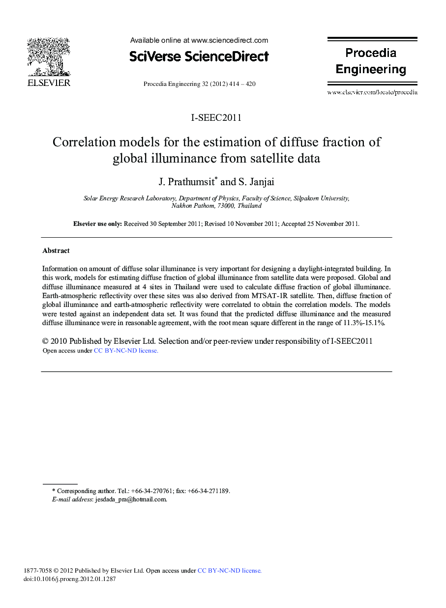 Correlation models for the estimation of diffuse fraction of global illuminance from satellite data